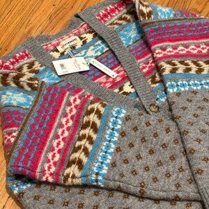 NWT Lucky Brand Cardigan Sweater Size L Gray Fair Isle Boho Cozy MSRP $119.50